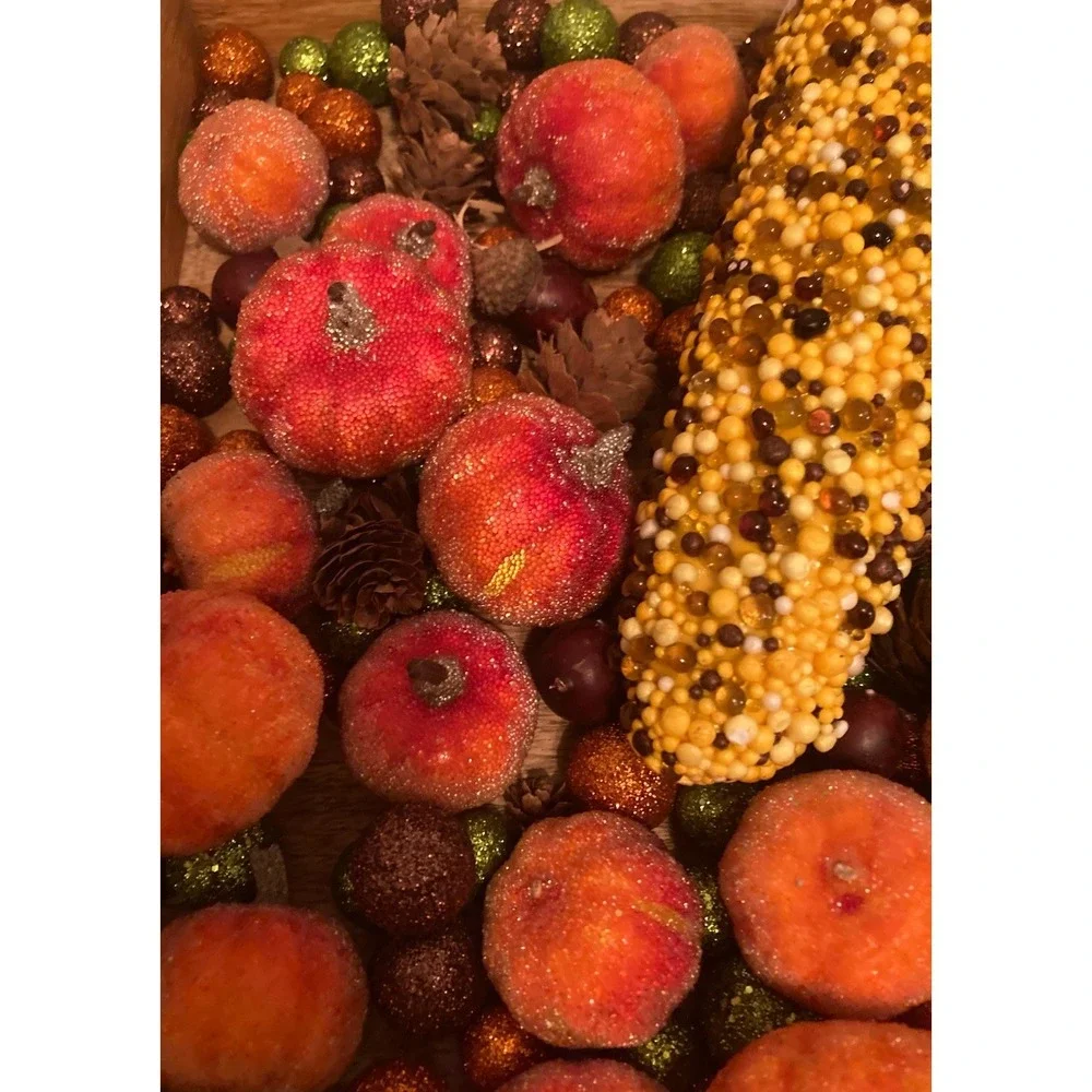 Fall Harvest Thanksgiving Lot Sparkly Balls Pumpkins Corn Real Acorns Pinecones!